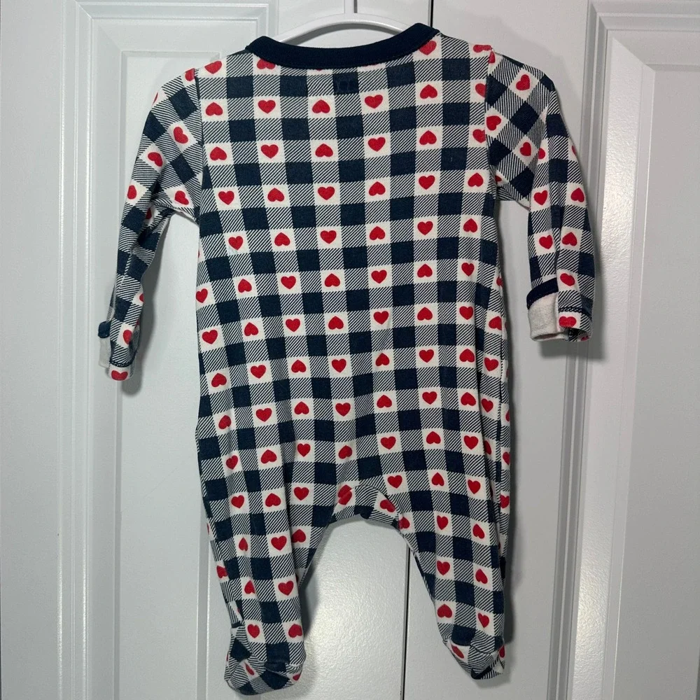 Old Navy Footed Sleeper Baby Newborn Navy Blue Gingham Heart 2-Way Zip Pajamas